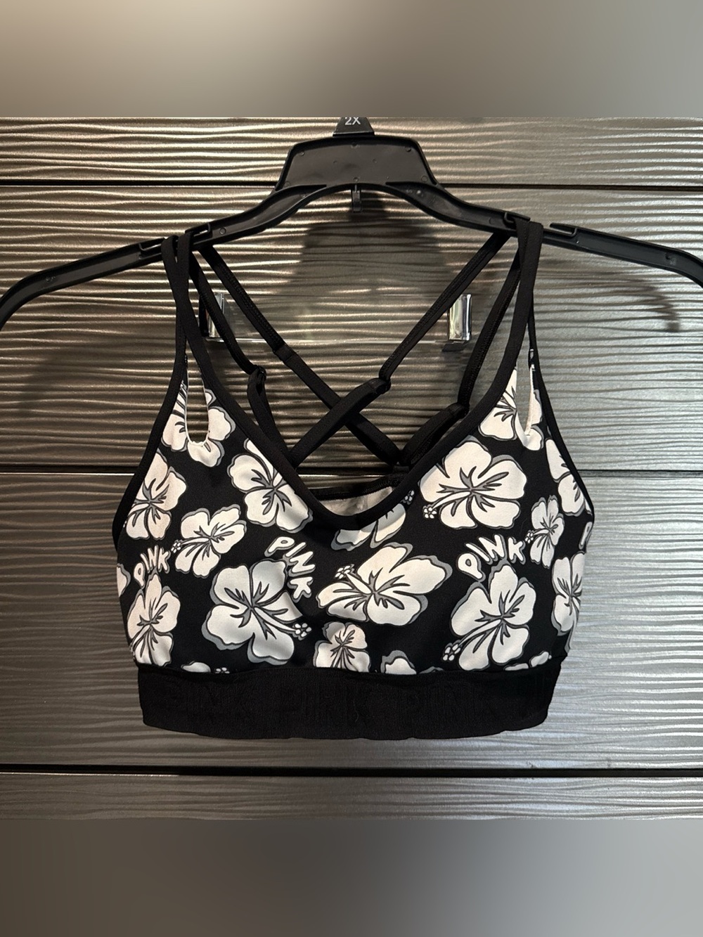 PINK Victoria's Secret Black & White Floral Strappy Sports Bra